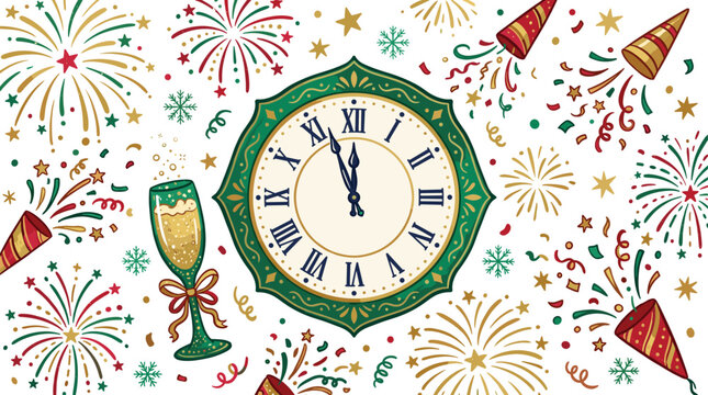 Vintage New Year Celebration Background with Midnight Vintage Clock Fireworks Burst Champagne Goblet and Exploding Confetti Poppers
