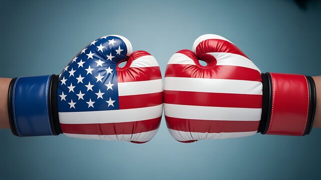 American flag boxing gloves facing each other in a symbolic sports competition