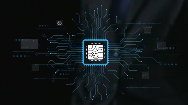 Modern abstract illustration of a microchip surrounded by flowing data connections, symbolizing technology and innovation in a professional business context. Qubit