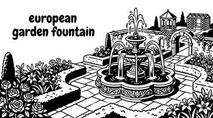 Obraz premium romantic european garden fountain surrounded by flowers and greenery, decorative stone basin, graceful water streams, elegant landscaping, charming atmosphere, traditional park black and white