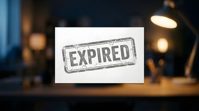 Expired rubber stamp text printed in dark gray ink on clean white paper surface with visible fine crack texture details