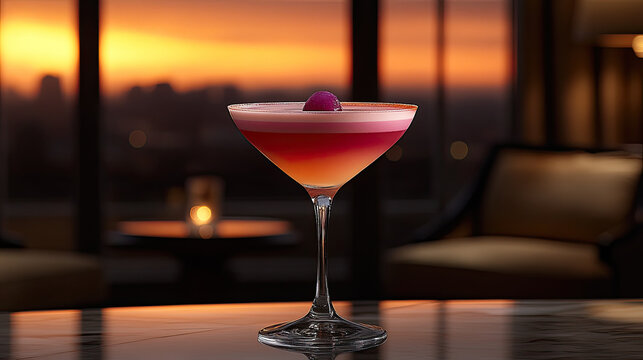 Elegant Cocktail in Martini Glass with Sunset Cityscape Bokeh Background