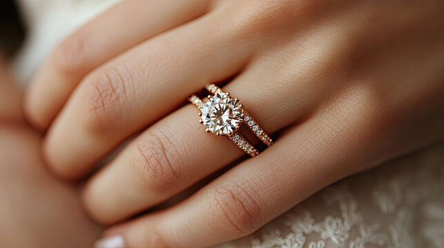 Elegant Diamond Engagement Ring and Wedding Band Set on Woman's Finger