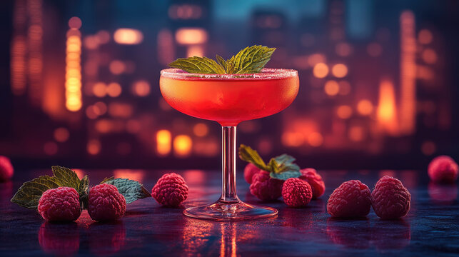 Elegant Raspberry Cocktail with Mint Garnish and City Lights Bokeh Background