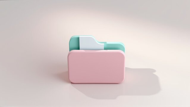 Pink folder with teal tabs. Minimalist design, clean aesthetic. Simple presentation, soft lighting, neutral background. Digital rendering.