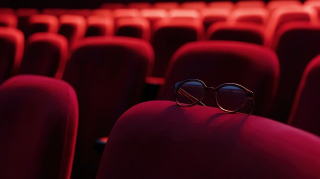 armrest. Empty red velvet theater seat with opera glasses, soft stage light background. event programs, museum guides, designed for cultural heritage projects and event programs, preserves heritage.