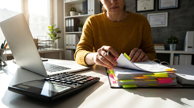 Woman organizing financial documents with colorful tabs at a sunlit office desk.