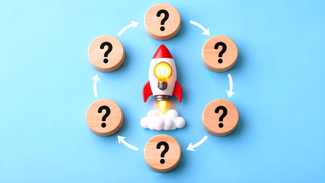 Entrepreneurship and business launch concept showing wooden question-mark blocks surrounding a rocket icon with a glowing lightbulb, symbolizing innovation, creativity, strategic ideas, and startup gr