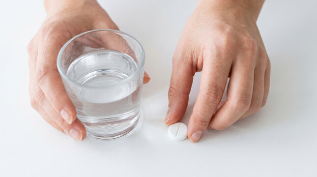 Person taking medication, holding glass of water and preparing to ingest a white pill, focusing on health, wellness, and daily self care routine