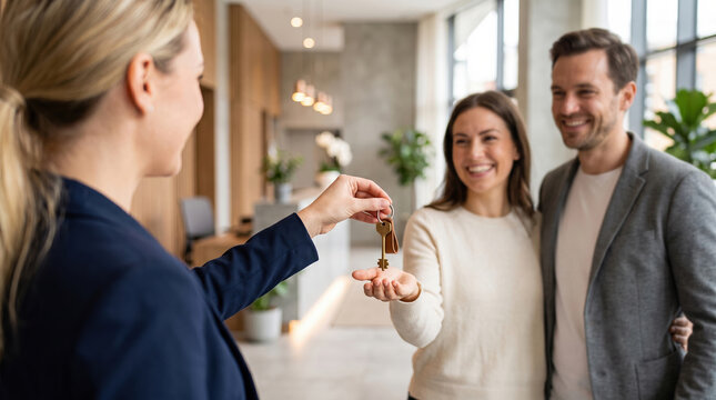 Real estate agent handing over new home keys to smiling couple, celebrating successful property investment, homeownership, and moving into modern apartment