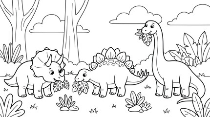 Cute dinosaurs eating leaves in the jungle coloring page vector © Abdul