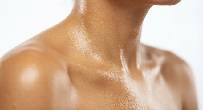 Human skin on a neck and shoulder glows with a healthy sheen, showing the moisturizing effects of applied skincare cream, symbolizing hydration and beauty