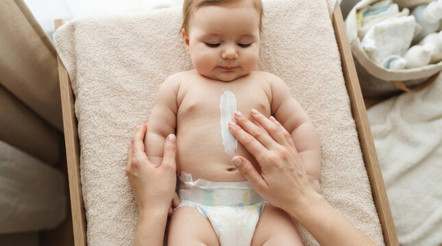 Adult hands applying protective cream on a cute infant's tummy, promoting delicate skincare, health, and a tender connection during daily baby care routine
