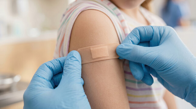 Doctor applying adhesive bandage on young child's arm after vaccination, emphasizing pediatric healthcare, immunization, and medical protection in a clinic setting