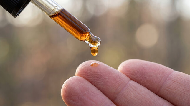 Hand receiving oil drop from pipette, symbolizing natural healing, wellness, aromatherapy, and organic skincare application for healthy living