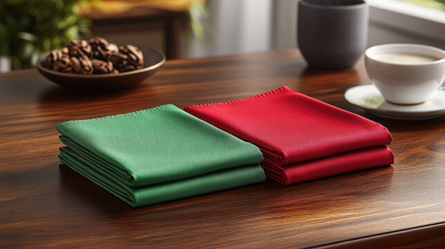 Festive Christmas Table Setting: Red and Green Napkins with Coffee and Cookies
