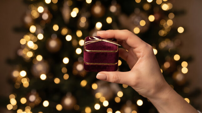 Hand holding a luxurious velvet jewelry gift box with a golden ribbon against a festive bokeh background, symbolizing holiday surprise, love, and celebration
