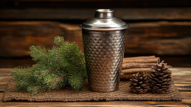 Festive Cocktail Shaker with Pine Sprigs, Cinnamon Sticks, and Pinecones on Rustic Wooden Background