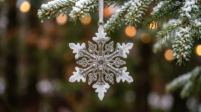 Crystalline snowflake ornament hanging from a snow dusted evergreen branch, evoking a serene winter wonderland and festive Christmas holiday atmosphere with twinkling bokeh lights