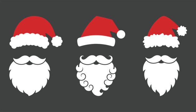 Set of santa claus hats and white beards dark background, christmas holiday vector illustration collection