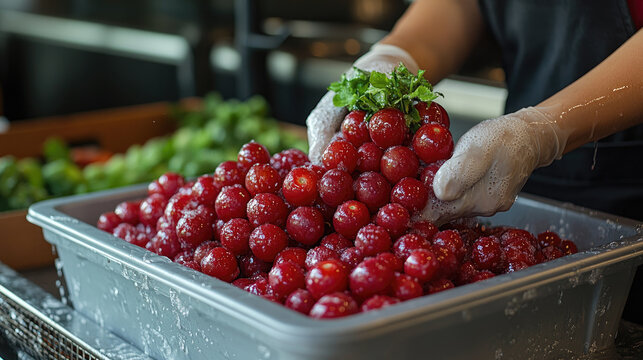 Fresh Cherries Being Sorted and Prepared by Hands in Gloves, Healthy Food Preparation