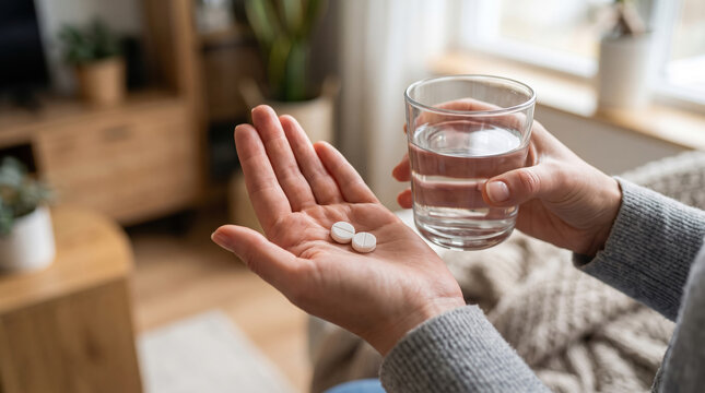 Person holding medication and water, symbolizing health, daily wellness routine, medical treatment, self care, disease management, and pharmaceutical concepts for modern healthcare