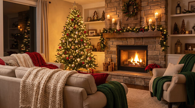 Cozy living room creating a festive Christmas ambiance during the winter holiday season. Featuring a glowing fireplace and decorated tree