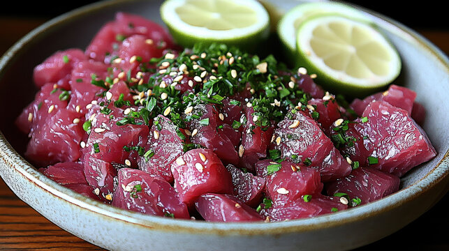 Fresh Tuna Poke Bowl with Lime and Sesame Seeds - Delicious Raw Fish Salad