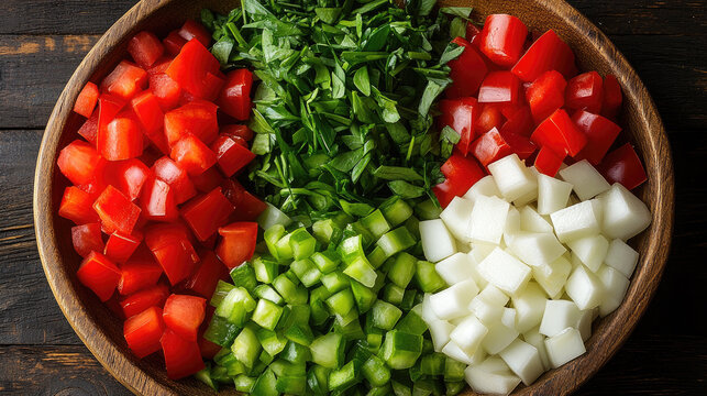 Freshly Chopped Ingredients for Salad: Tomatoes, Bell Peppers, Cucumber, Onion in Wooden Bowl