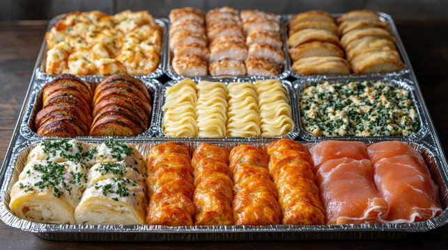Gourmet Catering Platter: Assorted Delicious Meals, Ready to Serve - Chicken, Potatoes, Veggies & Pastries