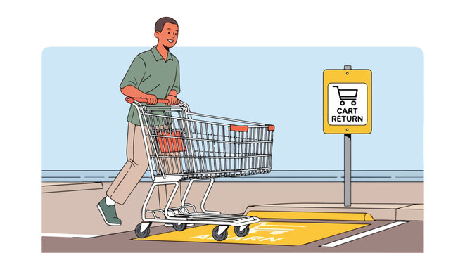 Man returning shopping cart to designated area