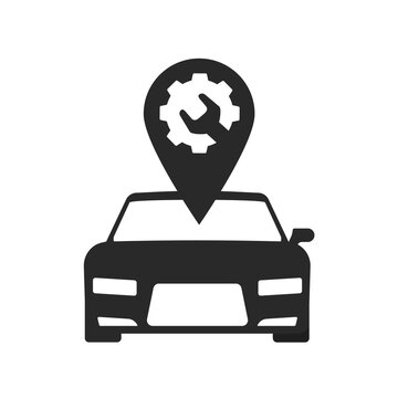 Car repair fix service icon simple minimalist shape silhouette graphic, auto mechanic maintenance location vehicle workshop garage sign symbol, automobile station navigation pointer logo solid bold
