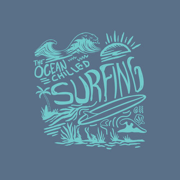 The Occean Chilled Surfing hand drawn surf vector graphic tee.eps