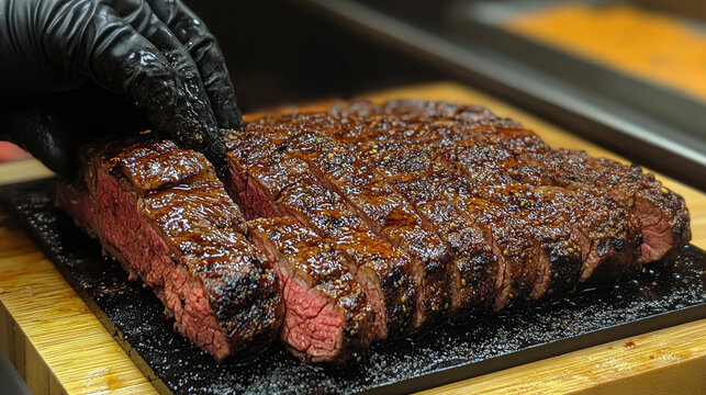 Juicy Sliced Grilled Steak on Wooden Board, Chef's Hands in Black Gloves Preparing Meat, Close-Up