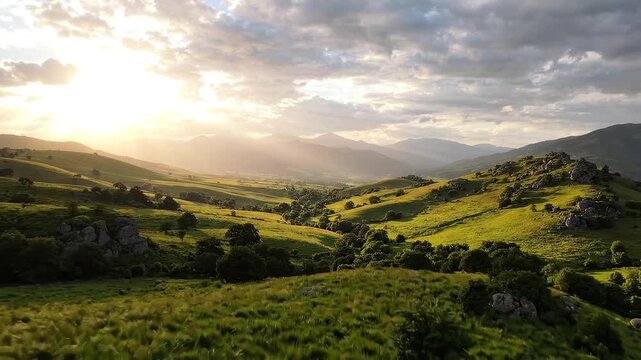 Golden sunlight over green rolling hills and mountains