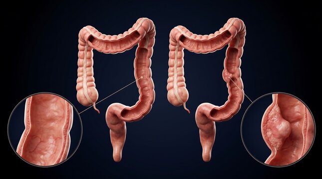 Detailed comparison of a healthy human colon with one exhibiting polyps or abnormal growths.