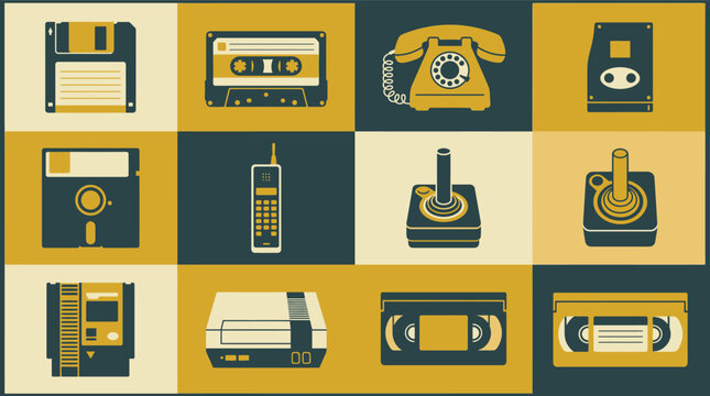 Retro vintage technology icons set with cassette tape and joystick flat vector illustration