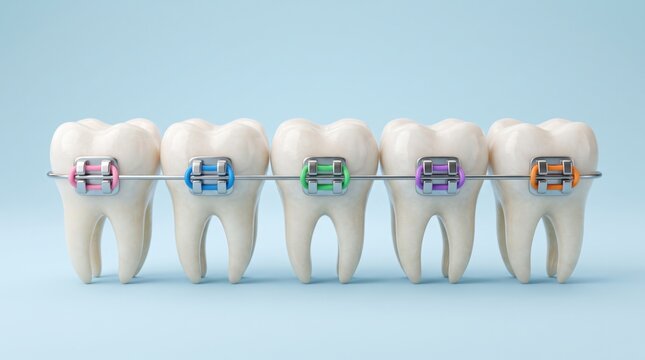 Five teeth with orthodontic braces and colorful elastic ligatures connected by an archwire, illustrating orthodontic treatment, dental alignment and oral healthcare