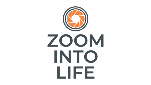 Minimalist logo design featuring a camera shutter icon and the text zoom into life in a clean font