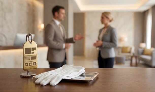 White gloves on silver tray at a hotel reception desk counter, concierge staff talking in blurred background