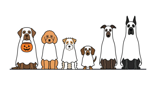 Various cute dog breeds wearing white ghost costumes for a fun halloween themed vector graphic illustration
