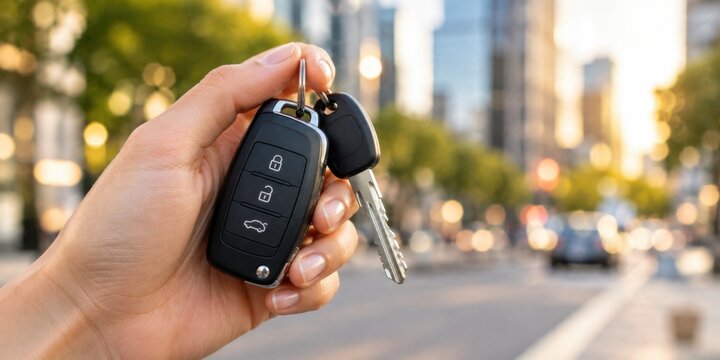 Hand holding a car key and remote key fob against a blurred urban street, representing automobile ownership, driving, vehicle purchase, mobility and transportation
