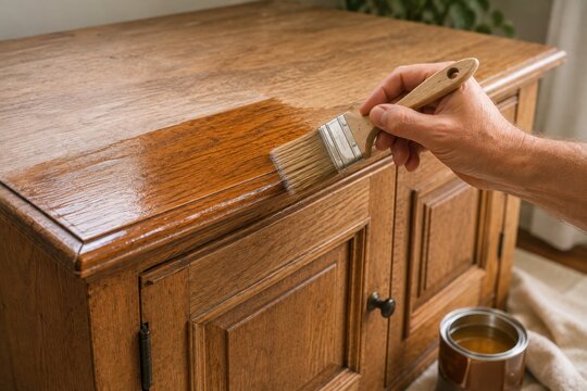 Hand applying varnish to a wooden cabinet, representing furniture restoration, woodworking, refinishing, home improvement
