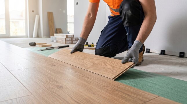 Worker installing laminate flooring in a residential room, fitting wooden planks over an underlay, representing home renovation, construction, and flooring installation