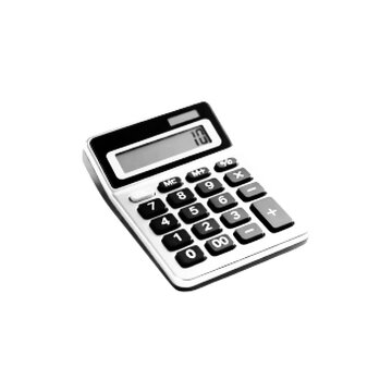 Black and white halftone illustration of a classic calculator with numeric keypad and digital display, isolated on a white background, representing finance, accounting, budgeting, and mathematics.