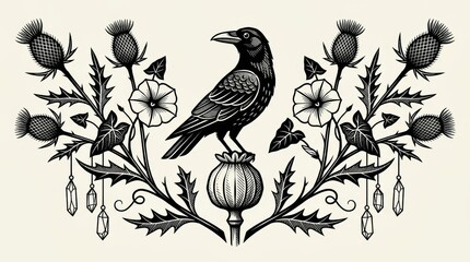 Obraz premium Ink raven perched on poppy pod amid thistles morning glories crystals