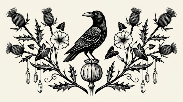 Ink raven perched on poppy pod amid thistles morning glories crystals