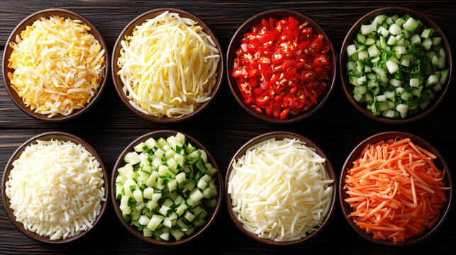 Overhead view of eight bowls filled with fresh, chopped ingredients for cooking or salad preparation.