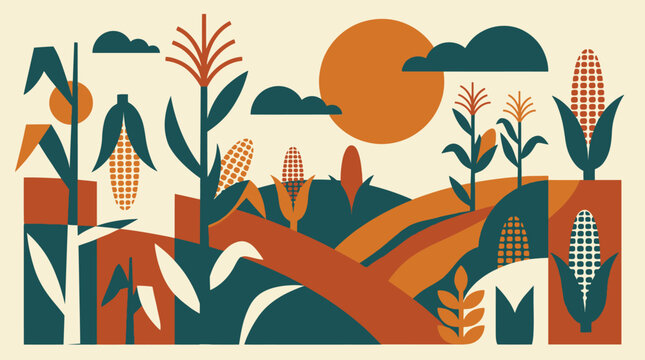 Cornfield farm landscape and sunset flat vector illustration