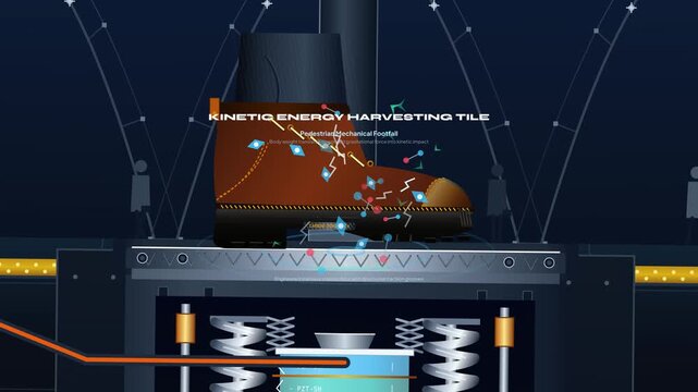 Animated diagram of a kinetic energy harvesting tile converting pedestrian mechanical footfalls into electricity via sub surface piezoelectric transducers to power a perpetual kinetic smart metropoli